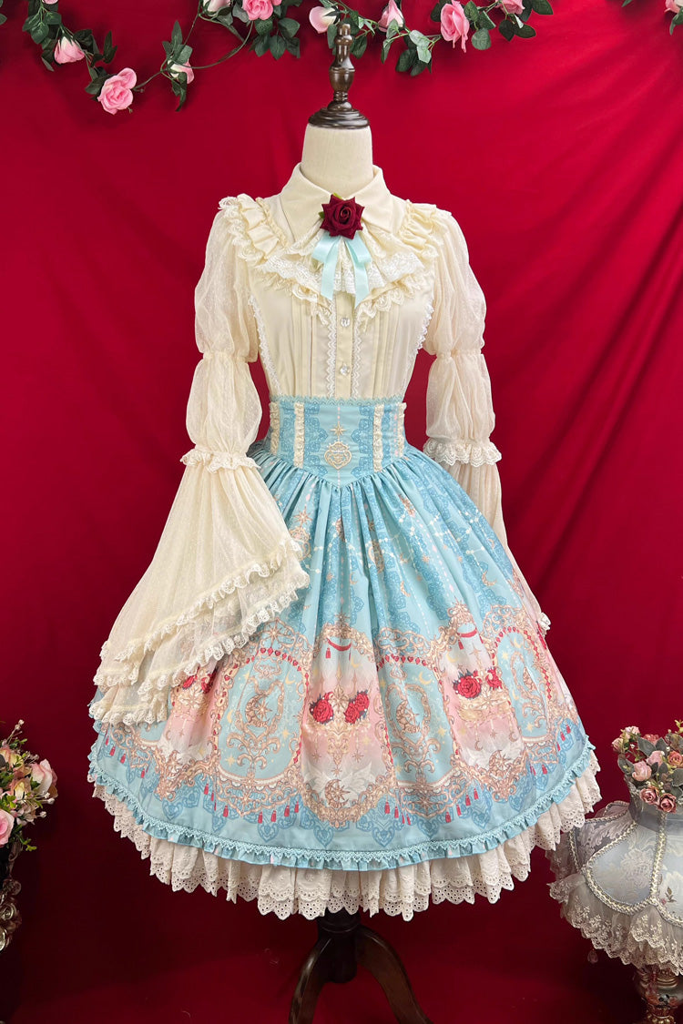 Blue [Moonlit Garden Secret] Print Ruffle Embroidery Lace Sweet Elegant Palace Lolita Skirt