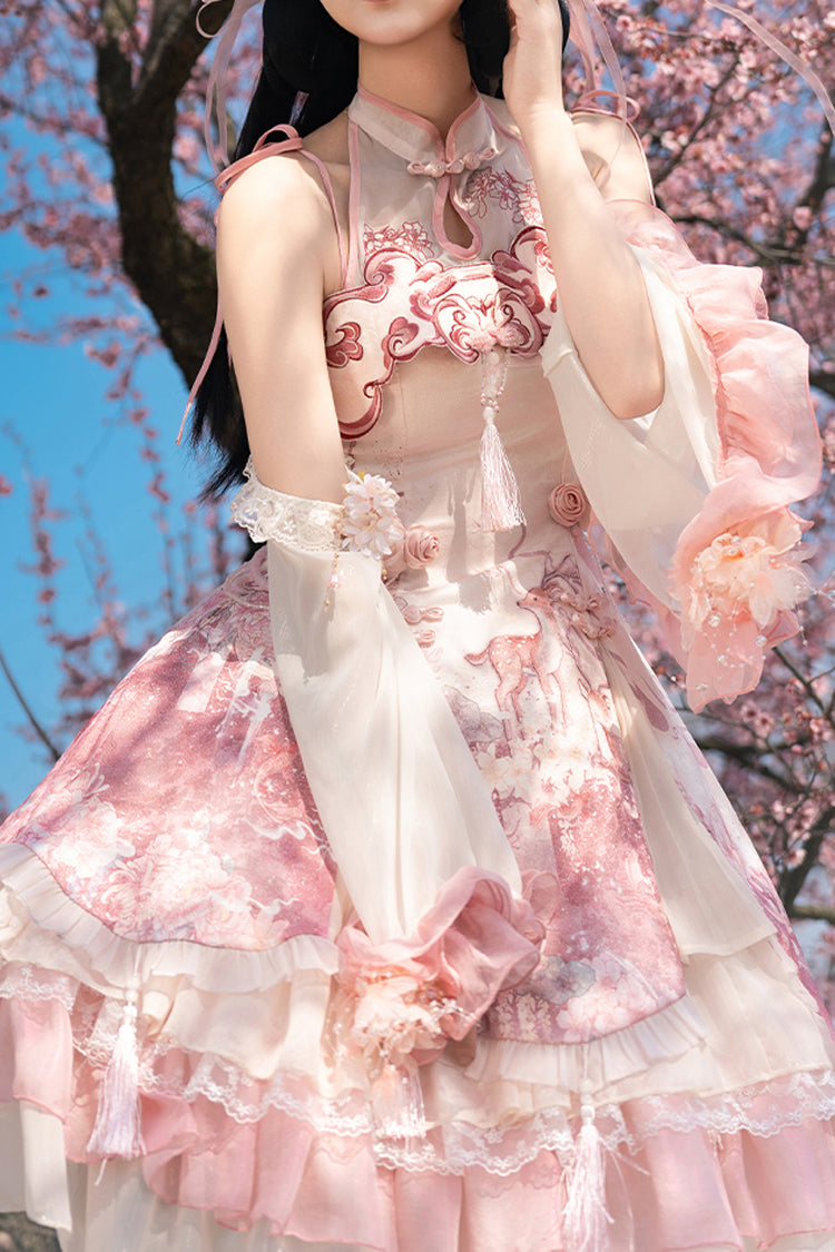 Pink [Flower Feast] Multi-Layered Print Ruffle Bowknot Sweet Chinese Style Lolita Jsk Dress
