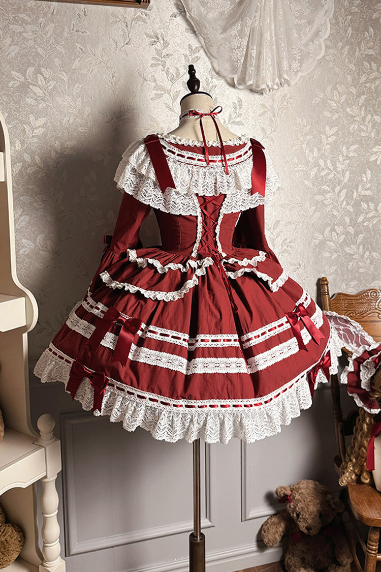 Wine Red [Rabbit Sleeping Doll] Long Trumpet Sleeves Ruffle Bowknot Lace Sweet Lolita Dress