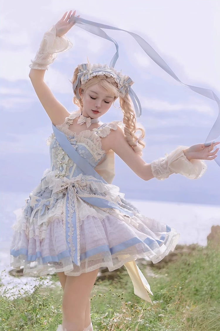 Blue [Moonstone] Sleeveless Ruffle Embroidery Bowknot Lace Fishbone Sweet Princess Lolita Dress