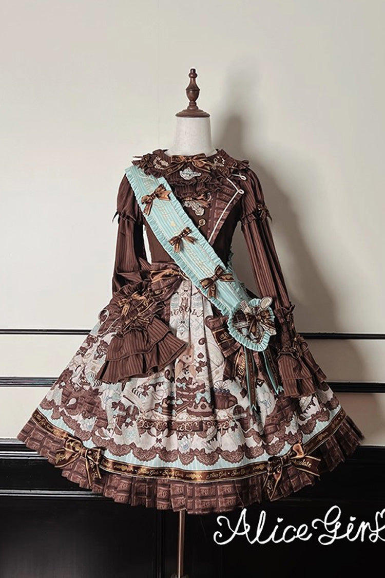 Brown [Teddy Bear Chocolate] Sleeveless Print Ruffle Bowknot Sweet Lolita Jsk Dress