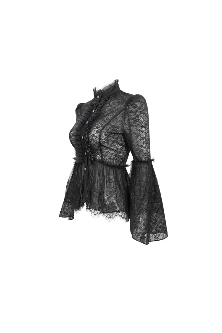 Black Lace Round Collar Flared Sleeved Women's Gothic Shirt