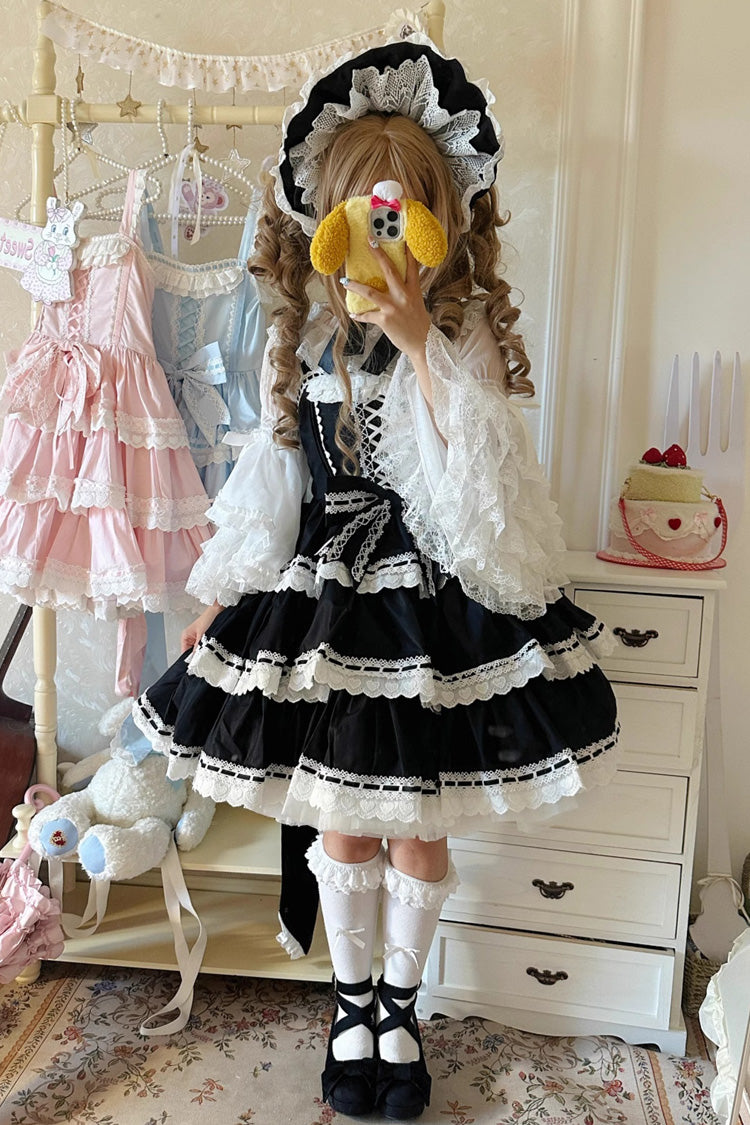 Schwarzes [Maiden Heart] dreilagiges Rüschen-Schleifen-Spitzen-Süßes-Lolita-Jsk-Kleid 