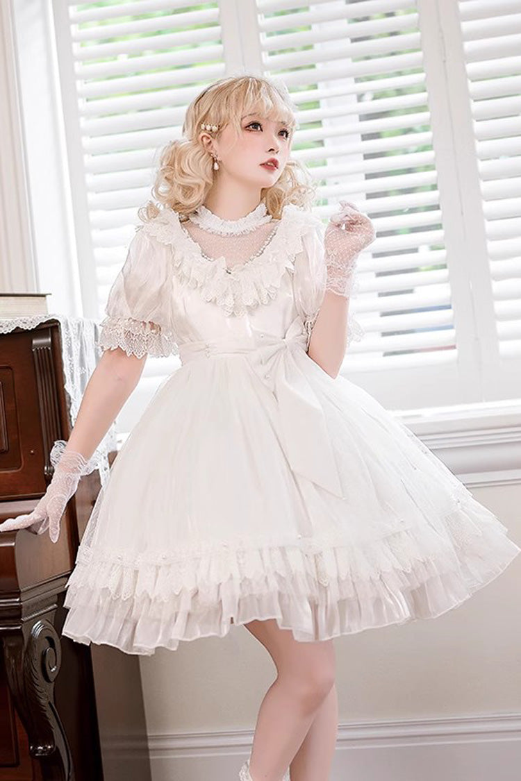 Weißes mehrschichtiges Rüschen Hanayome hohles Schleifenband Spitze süßes Vintage prächtiges Lolita-Kleid 