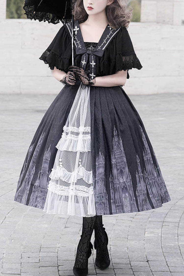 Schwarzes ärmelloses Gothic Vintage Lolita Jsk Kleid mit Spitze und Print