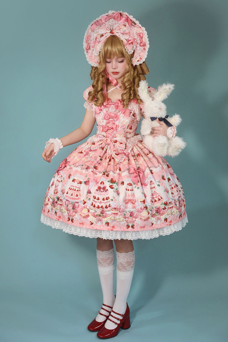 [Strawberry Cake Bouquet] Print Square Collar Short Sleeves Bowknot Lace Sweet Lolita Dress 3 Colors