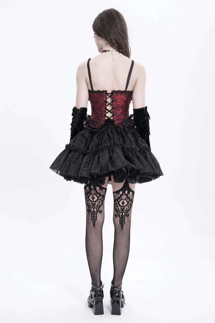 Rotes ärmelloses Rüschenstickerei-Schnürung Damen Gothic Tank Top 
