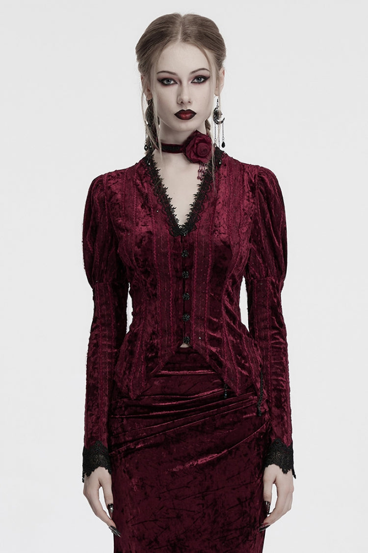 Red V Collar Long Puff Sleeves Women's Gothic Blouse
