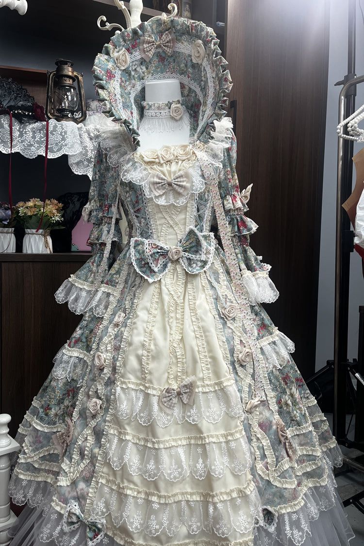 Green/Ivory Print Ruffle Bowknot Lace Classic Vintage Princess Lolita Dress