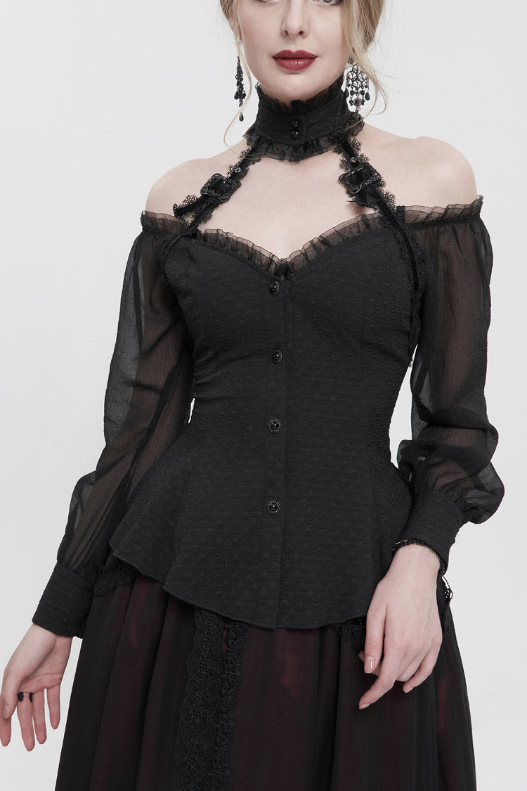 Schwarzes langärmliges Gothic-T-Shirt für Damen mit gewebtem Spitzenbesatz und verstellbarer Rückseite