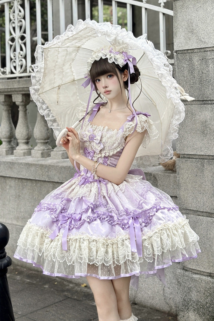 Purple [Dreaming Butterfly] Multi-Layered Jacquard Ruffle Bowknot Lace Sweet Princess Lolita Jsk Dress