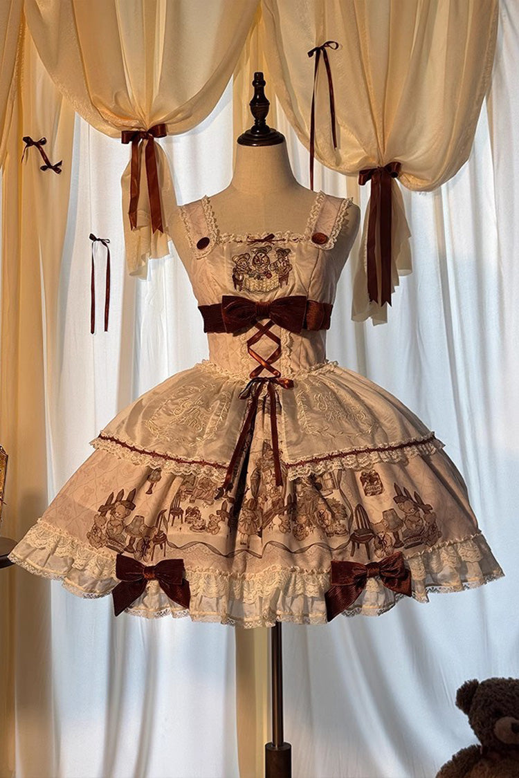 [Castle Bear] Sleeveless Print Ruffle Bowknot Lace Sweet Lolita Jsk Dress 4 Colors