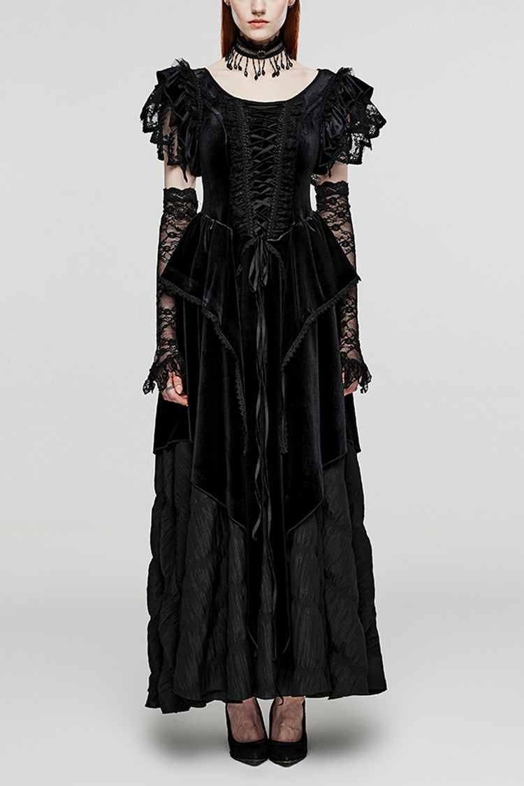 Black V Collar Ruffle Lace Women's Gothic Dress with Oversleeves