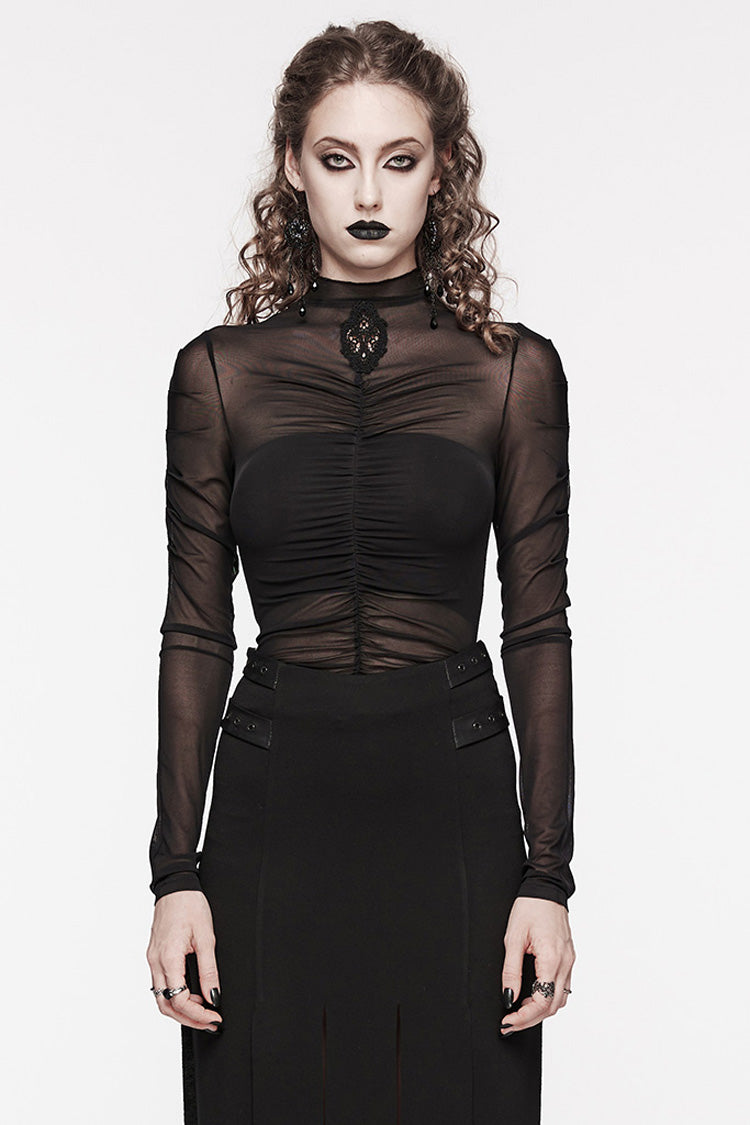Black Long Sleeves Floral Embroidery Mesh Women's Gothic Blouse