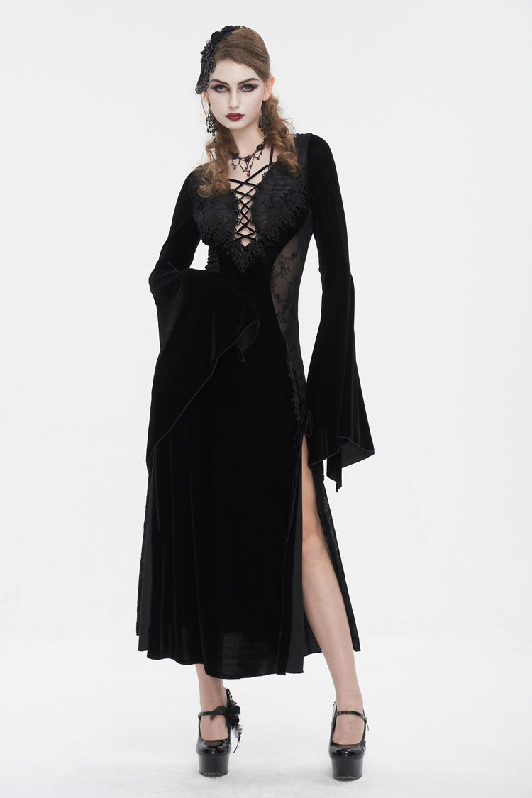 Black Velvet Mesh Splice Long Women's Gothic Dress