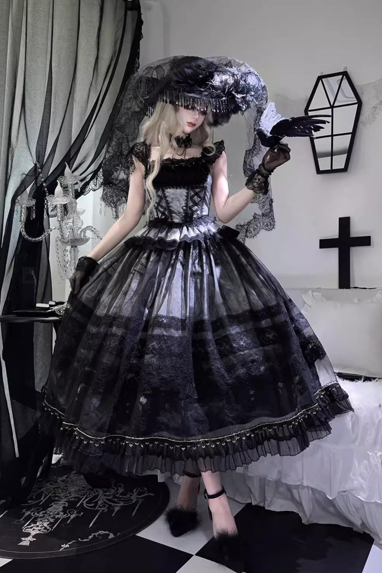 Grey/Blue [Mist-shrouded Vineyard] Sleeveless Ruffle Bowknot Lace-Up Sweet Lolita Jsk Skirt Dress Set