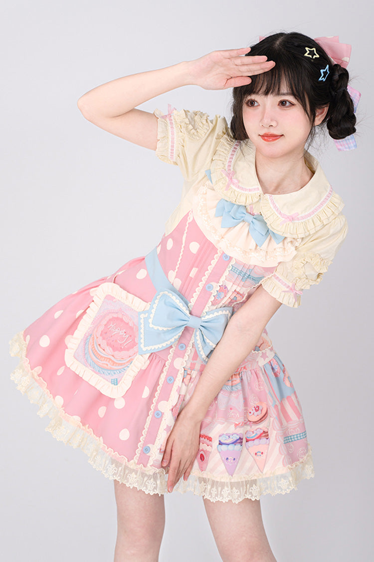 Pink Cake Chocolate Dessert Print Ruffle Bowknot Sweet Lolita Strap Dress