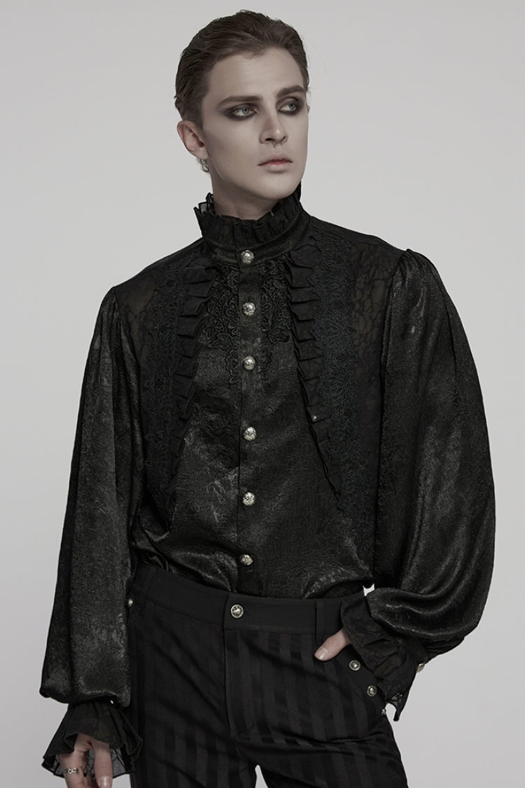 Schwarze Bluse im Gothic-Stil mit Stehkragen, langen Puffärmeln, Jacquard-Rüschen und Stickerei für Herren 