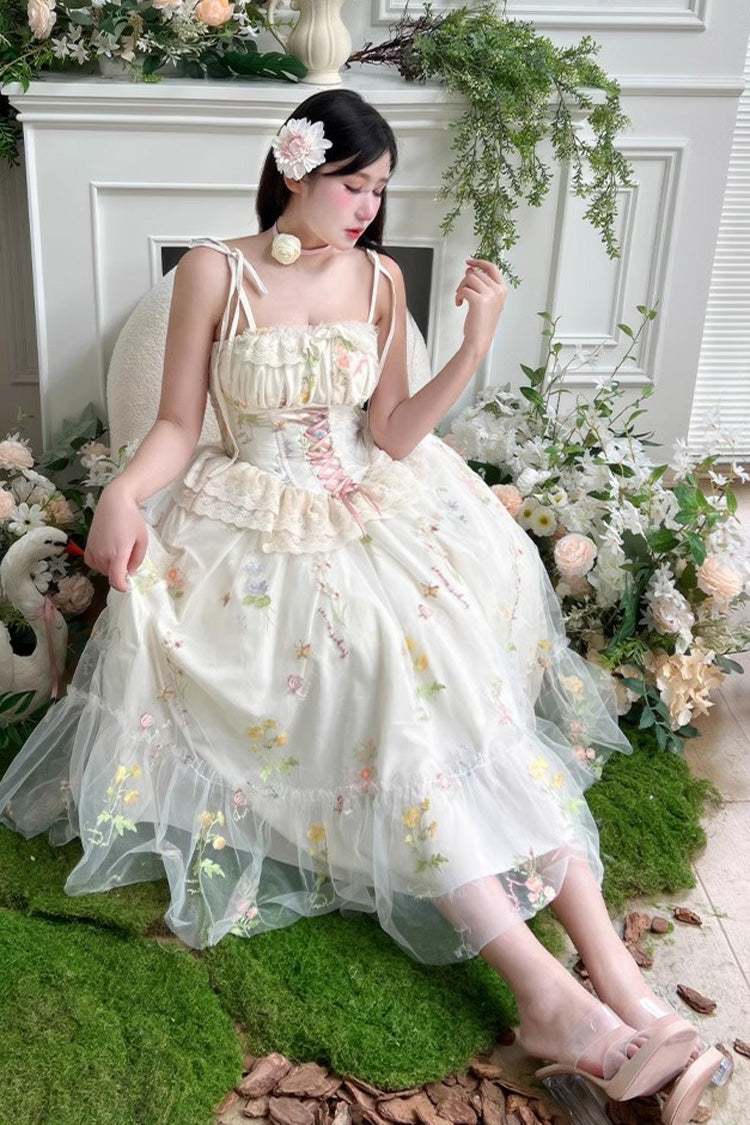 Off White Spring Bouquets Romantic Ruffle Embroidery Bowknot Mesh Sweet Lolita Jsk Dress