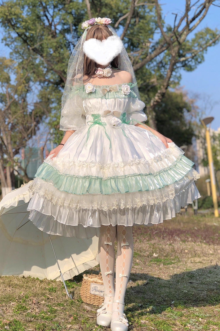 Green [Spring of Boliya] Long Sleeves Multi-Layered Ruffle Bowknot Lace Lace-Up Sweet Princess Lolita Dress