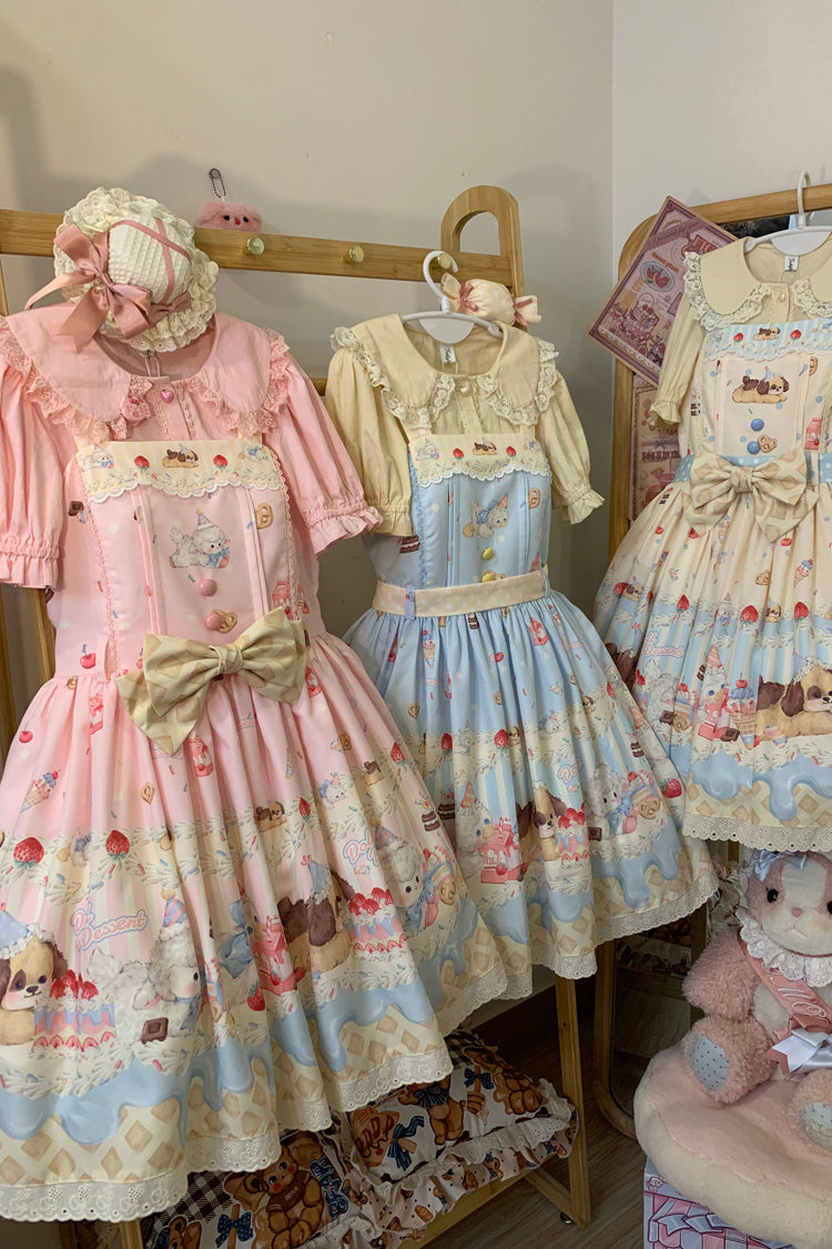 Cream Party Print Bowknot Stitching Lace Sweet Lolita Jsk Dress 3 Colors
