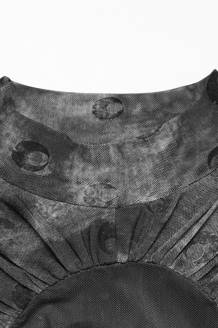 Grey Moon Print Mesh Ruched Women's Gothic Blouse