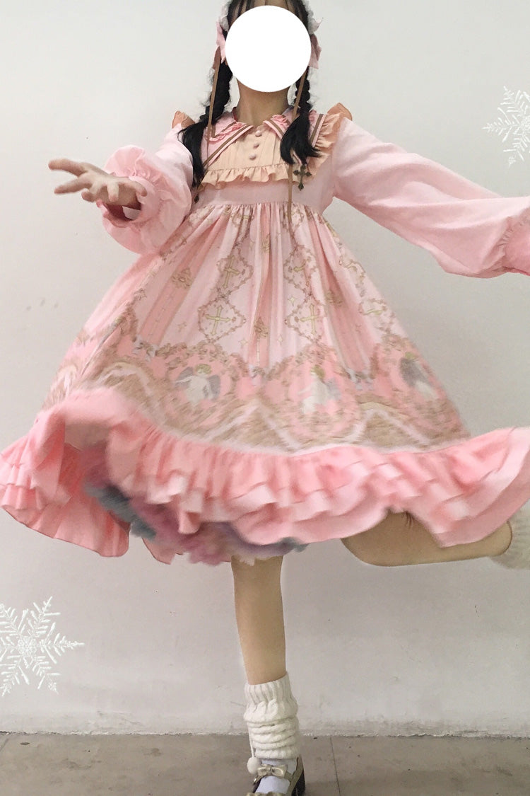 [Angel's Redemption] 長袖 エンジェルプリント フリル 蝶結び スイート ロリータ ドレス 3色