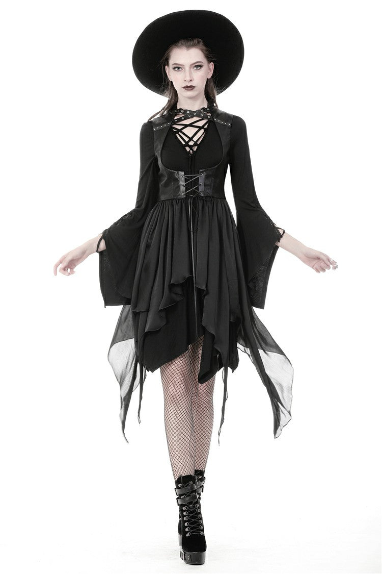 Schwarze, ärmellose, ausgeschnittene Brustjacke aus Chiffon mit unregelmäßigem Saum, Schnürung und Schnalle für Damen im Punk-Stil