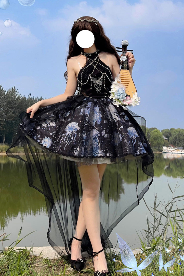Blue [Deep Sea Jellyfish] Halterneck Sleeveless Print Embroidery Bowknot Lace Sweet Elegant Lolita Jsk Dress