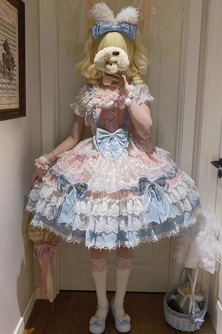 Blue Sleeveless Multi-Layered Ruffle Bowknot Lace Sweet Gorgeous Lolita Doll Jsk Dress