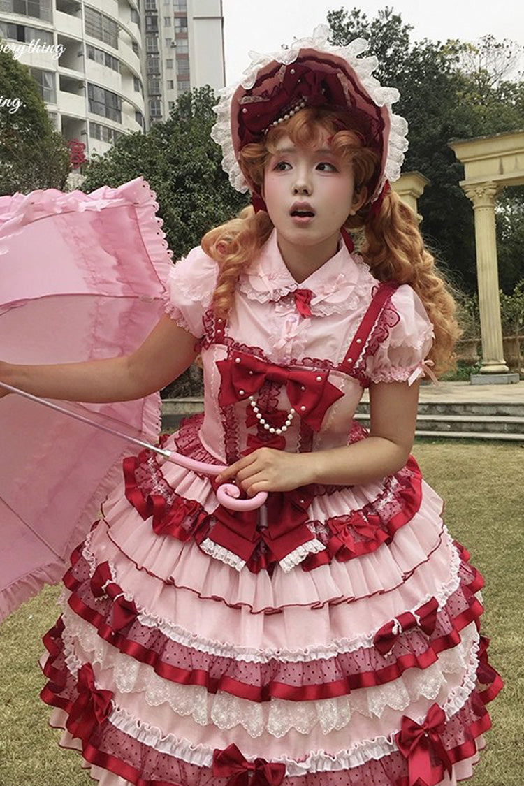 Red [Ribbon Berries] Sleeveless Multi-Layered Ruffle Bowknot Lace Sweet Lolita Jsk Dress