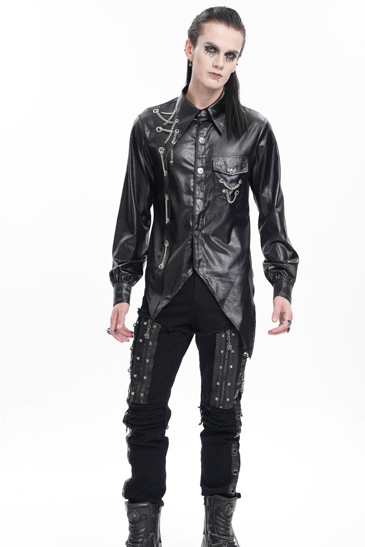 Black Long Sleeves Chain Eyelets Skull Men's Gothic Blouse