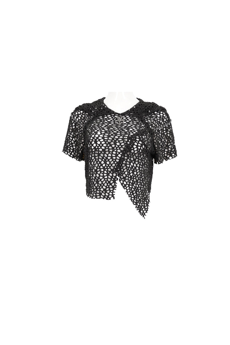 Black Cutout Hood Irregular Hem Aluminium Chain On Shoulder Short Sleeve Women's Punk T-Shirt