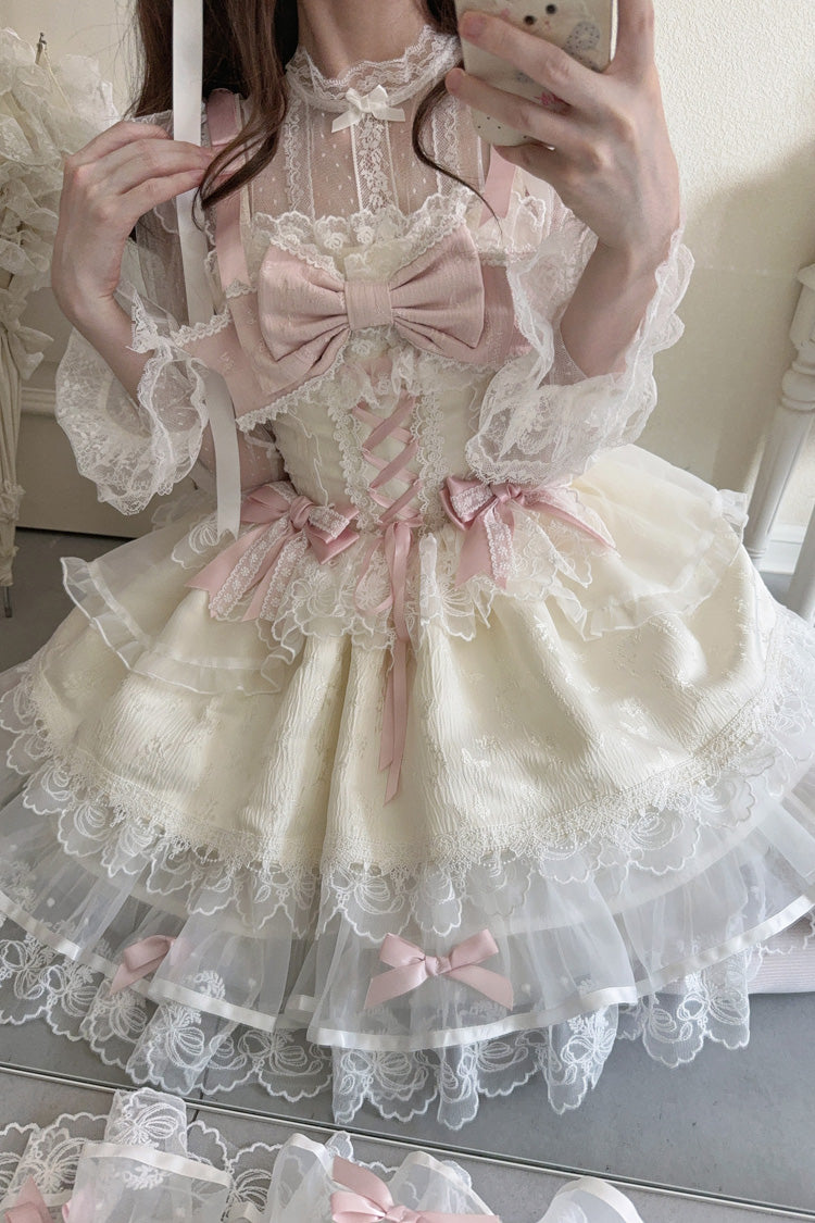 Robe Jsk Lolita Ballet Douce Slim en Dentelle à Nœud à Volants sans Manches Abricot [Île Fleishi] 