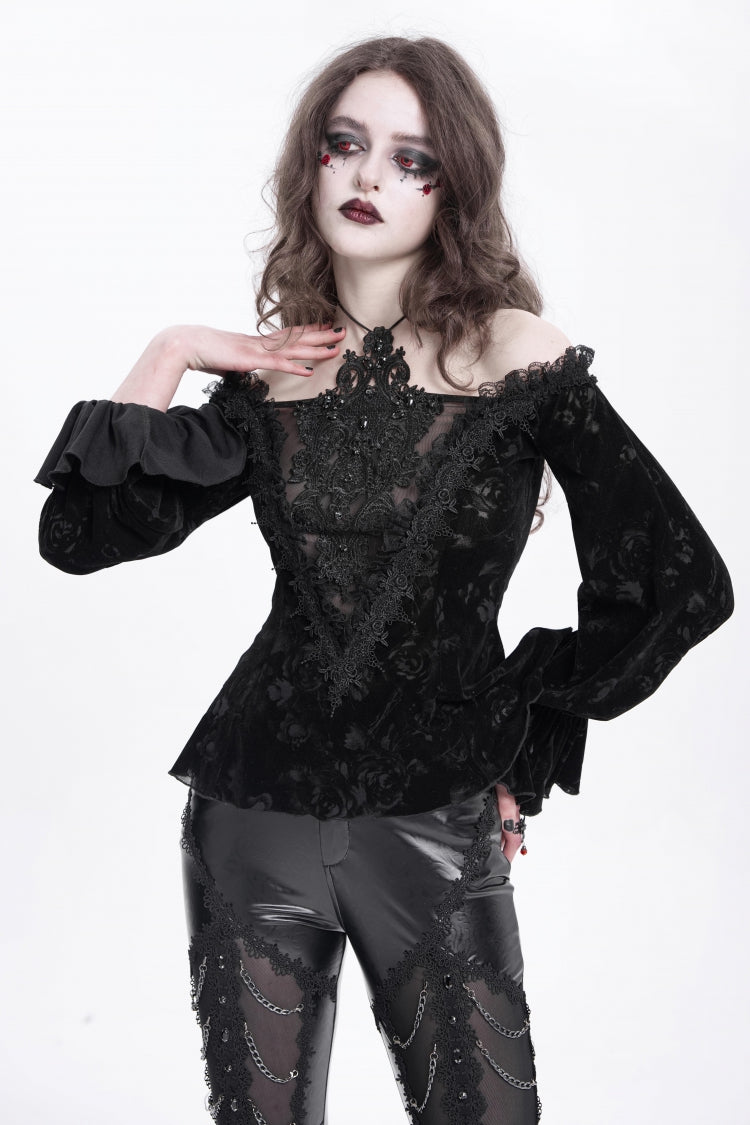 Black Off Shoulder Hollow Embroidery Women's Gothic Blouse