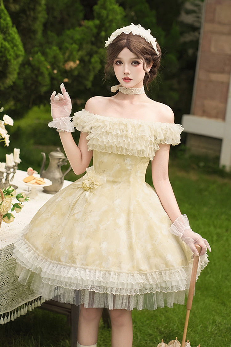 Yellow [Falling Flowers as a Message] Square Collar Flying Sleeves Print Ruffle Lace Sweet Elegant Lolita Short Dress