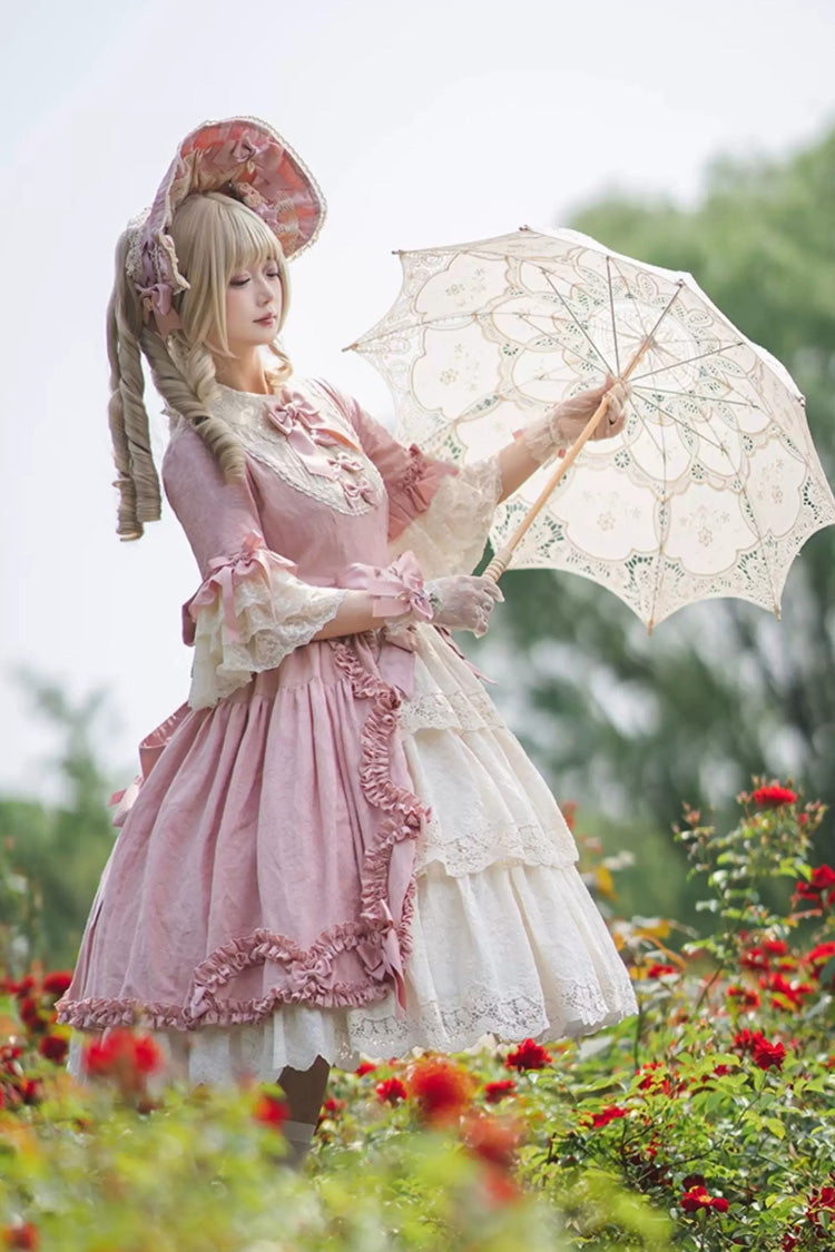 Pink [Lilica Garden] Lapel Collar Short Trumpet Sleeves Ruffled Open-Front Bow Lace Sweet Elegant Luxurious Lolita Dress