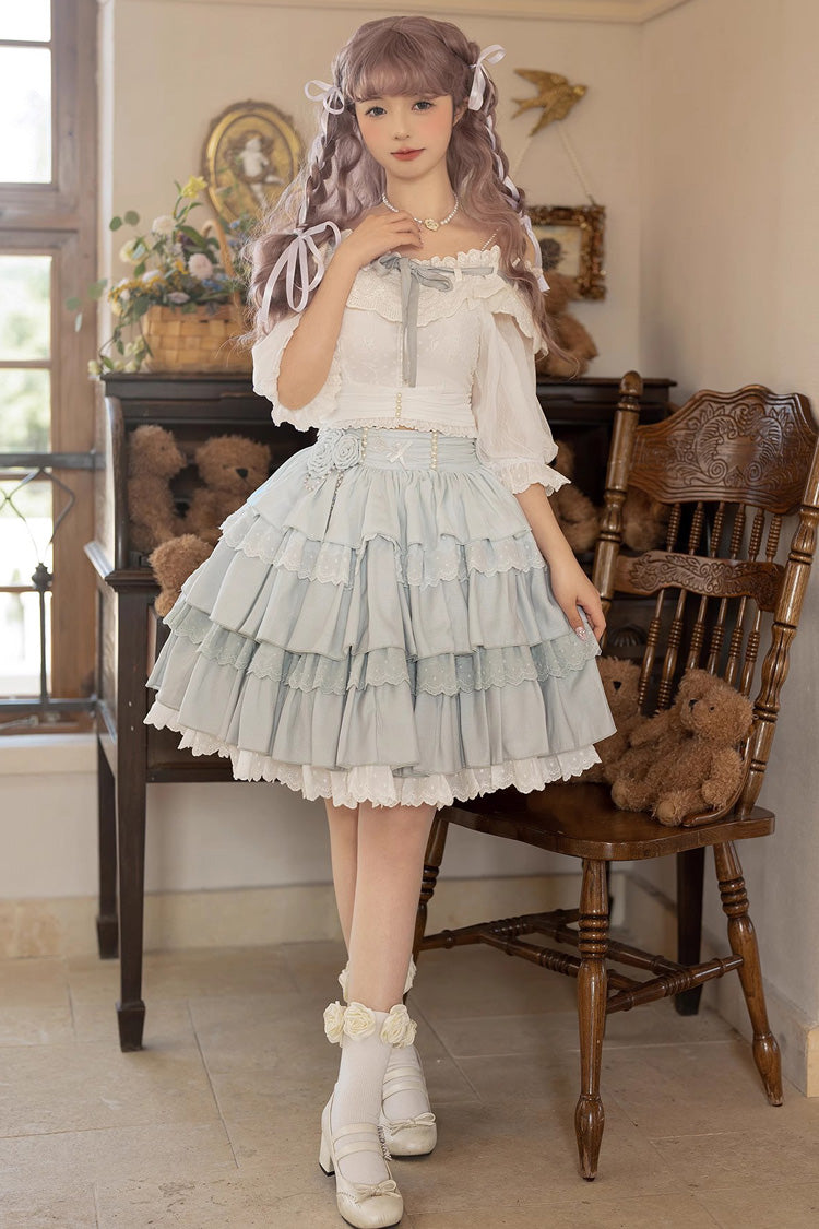 Light Blue Rose Multi-layer Ruffle Princess Sweet Lolita Skirt