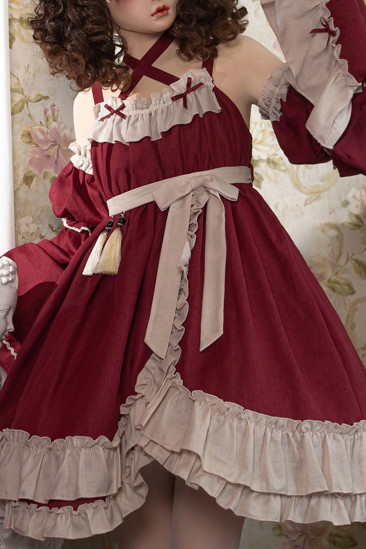 Red [Monet Estate] Sleeveless High Waisted Ruffle Bowknot Asymmetric Gothic Lolita Jsk Dress