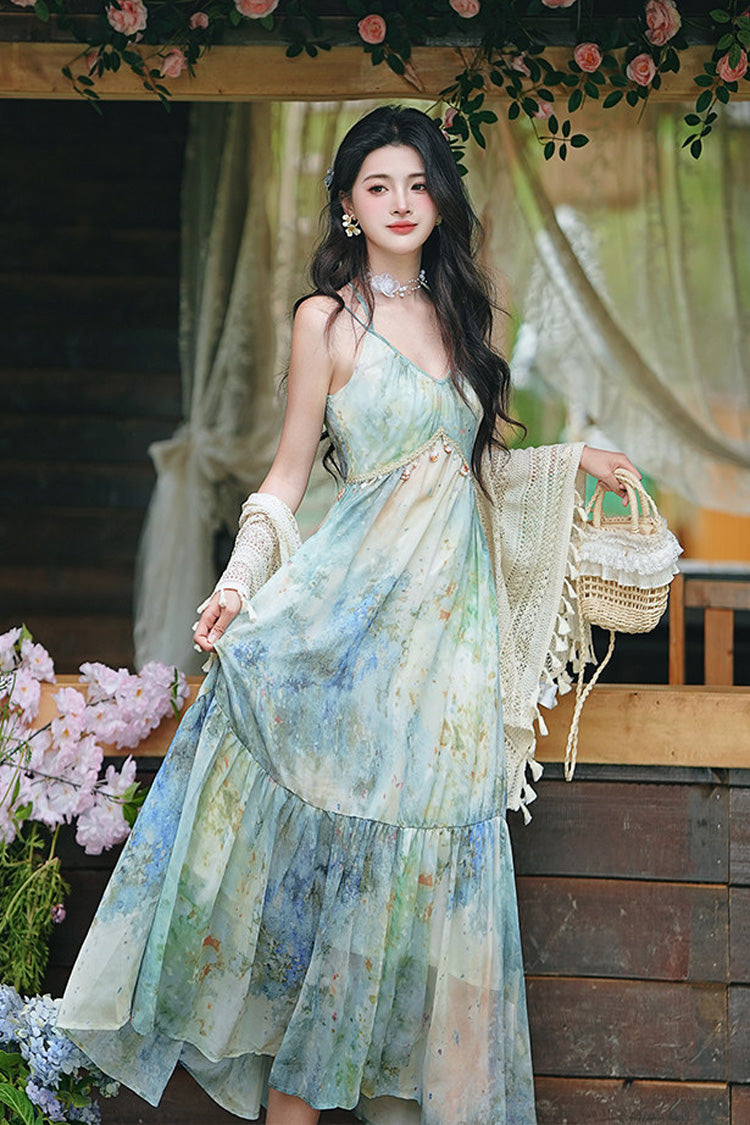 Blau/grünes, ärmelloses Ombre-Kleid mit französischem Ölgemälde und Rüschen und V-Kragen, süßes Lolita-JSK-Kleid