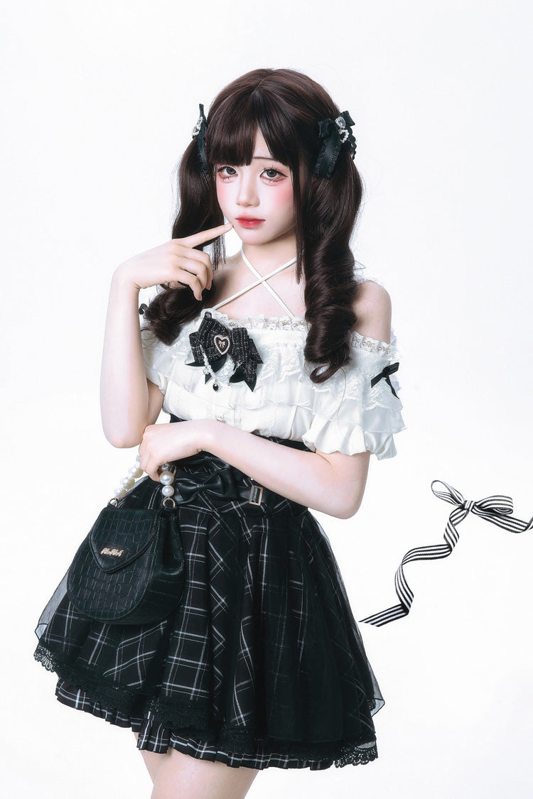 Noir/Blanc [Seizième Nuit] Épaule Dénudée Manches Courtes Plaid Imprimé Arc Classique Japonais Jirai Kei Jupe Ensemble