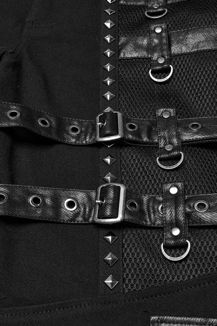 Black Stitching Mesh Buckle Straps Studded Men's Punk Pants