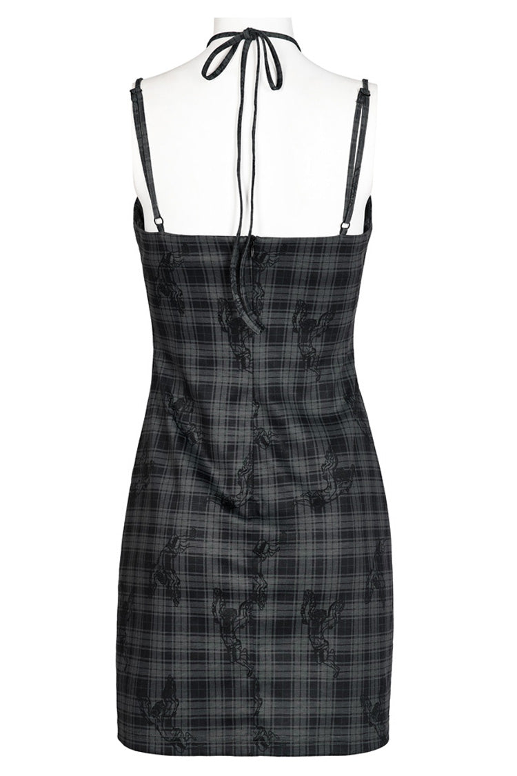 Grey Knitted Stretch Hollow-Carved Design Drawstring Bodycon Shoulder Strap Halter Neck Women's Punk Dress
