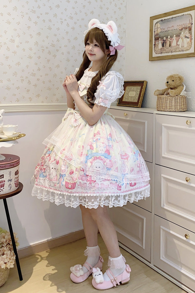 Robe Jsk Lolita Douce en Dentelle à Nœud Papillon à Volants Imprimée Jaune [Adorable Lapin Gâteau Sucré] 