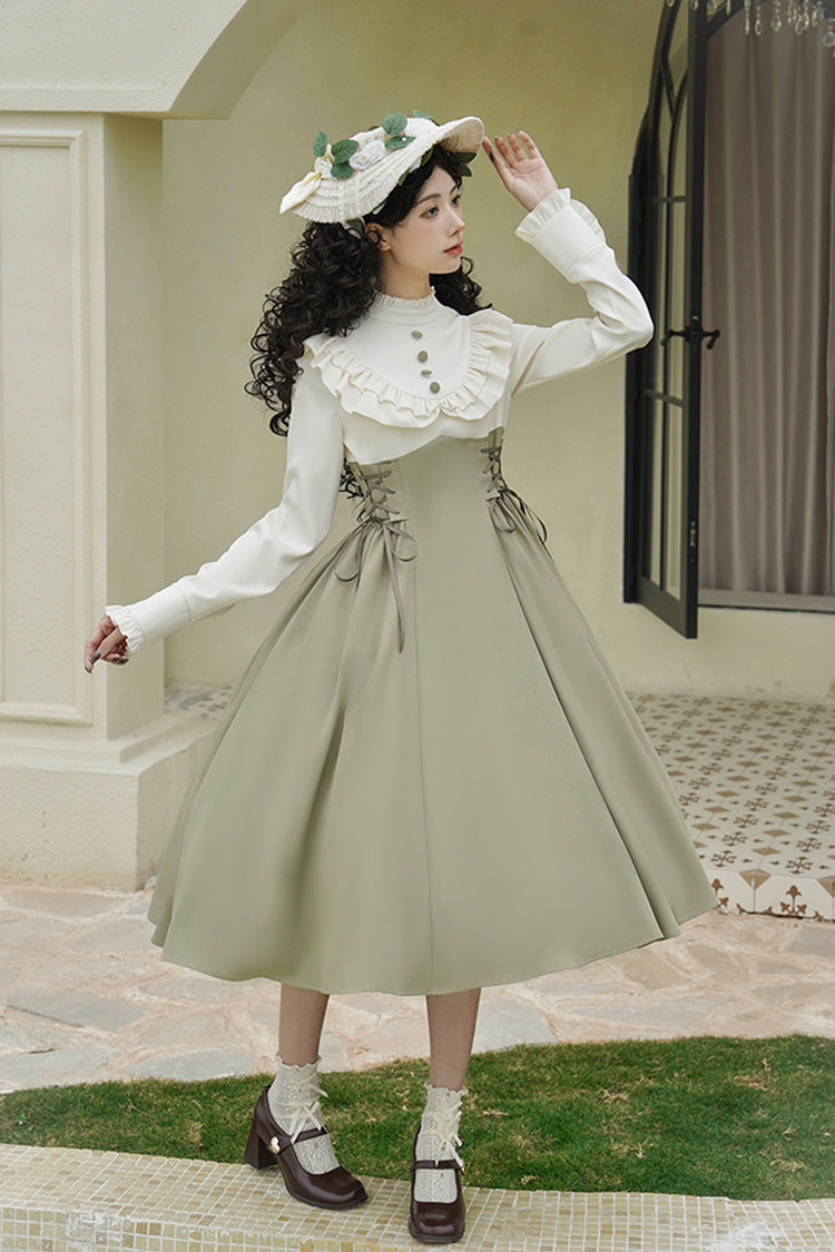 White/Green [Wind Garden] Stand Collar Ruffle Lace-Up Color Matching Fake Two Pieces Classic Vintage Lolita Dress