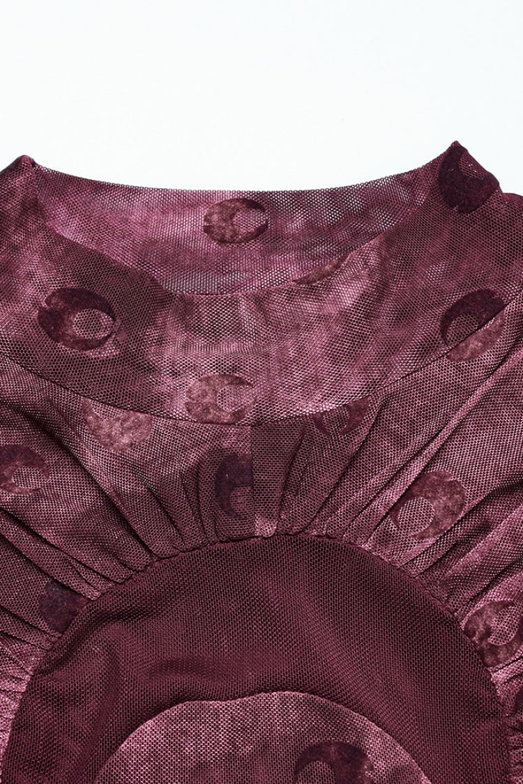 Red Moon Print Mesh Ruched Women's Gothic Blouse