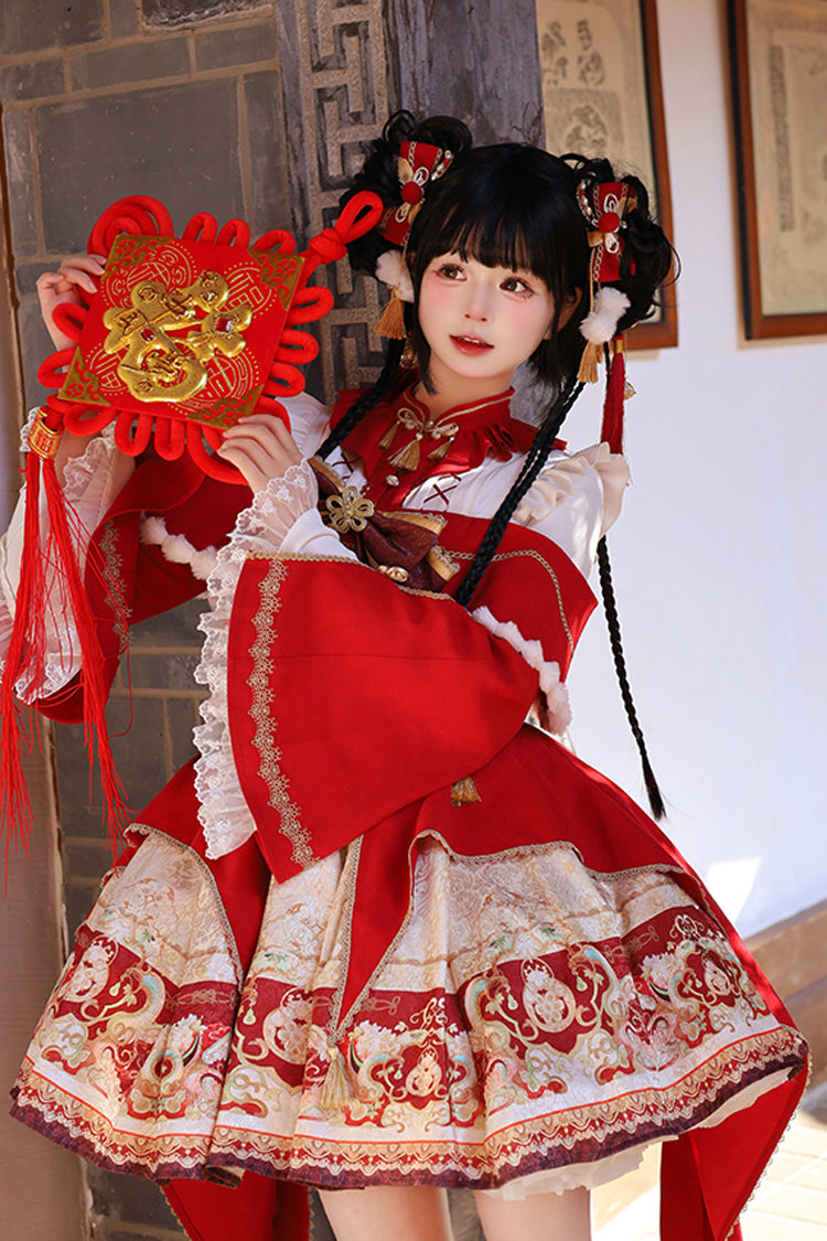 Red [New Year] Print Ruffle Bowknot Lace-Up Sweet Chinese Style Lolita Jsk Dress