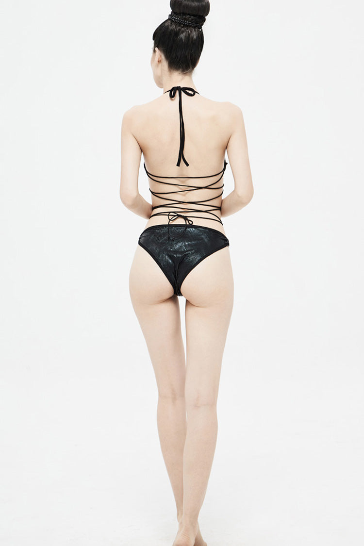 Black Back Cross-Strap Elastic Cord Women's Punk One-Piece Swimsuit