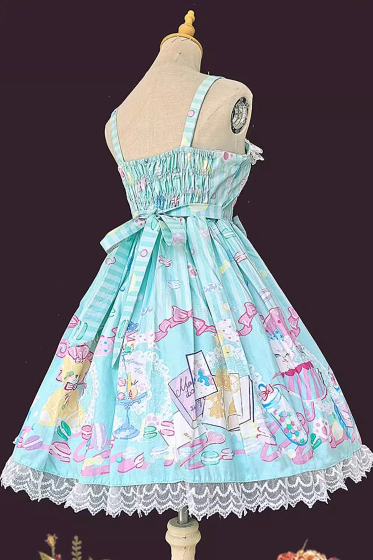 [Macaron Dolly House] Robe Jsk Lolita douce sans manches avec imprimé, nœud et lacets 3 couleurs 