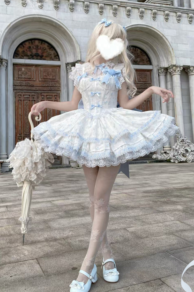 Blue [First Love Rose] Multi-Layered Print Ruffle Bowknot Lace Sweet Lolita Jsk Dress Set